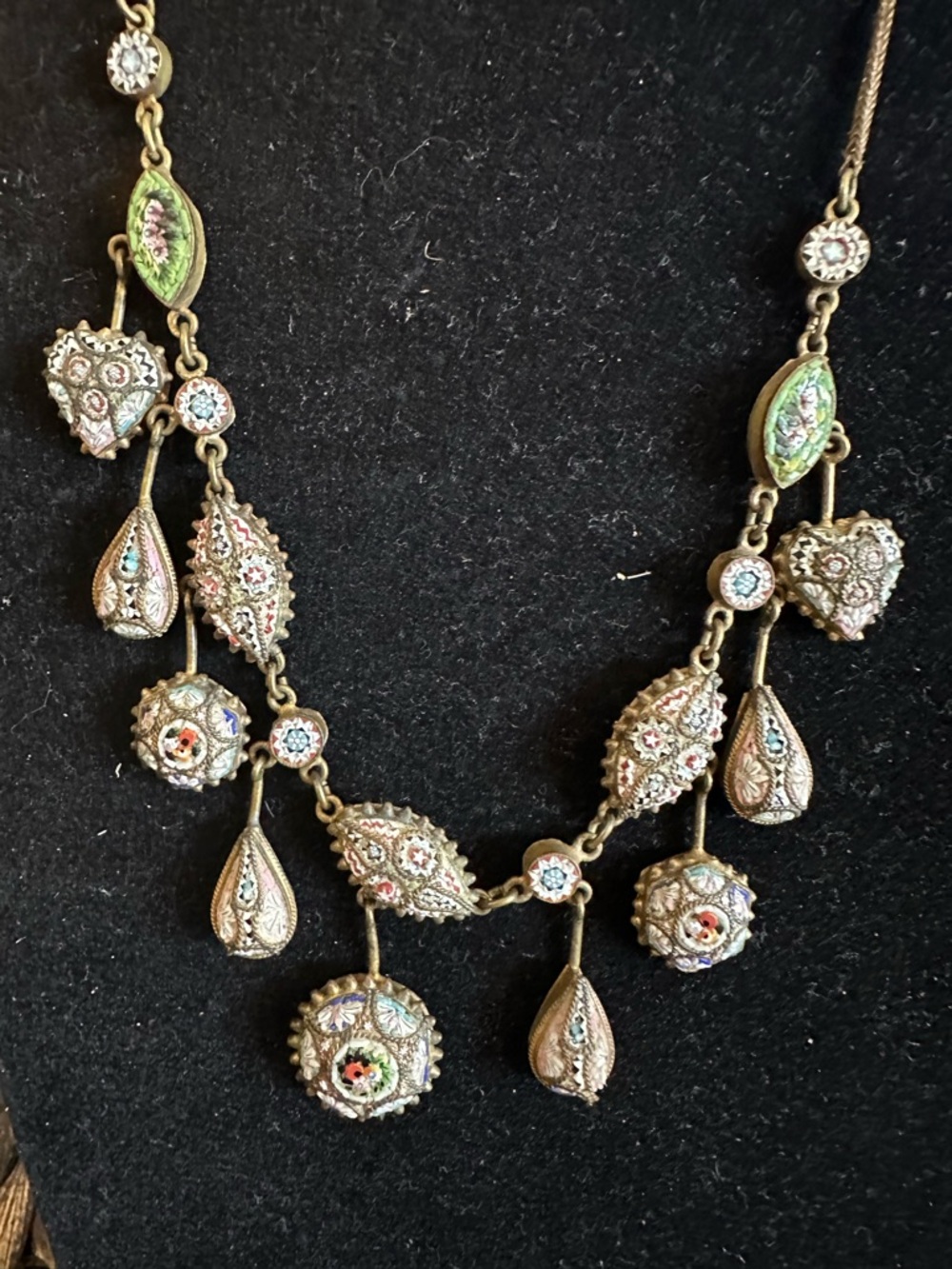 Antique Italian Micromosaic Necklace • Floral Mosaic Drops • Victorian/Grand - Picture 3 of 10